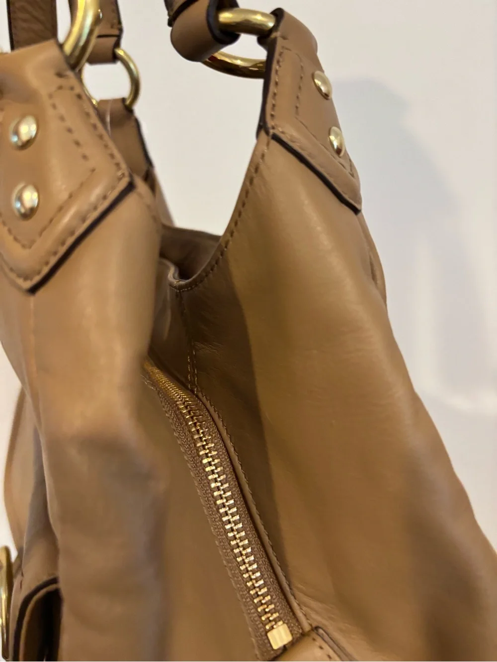 Coach Tan Leather Shoulder Bag with Front Buckle Pocket